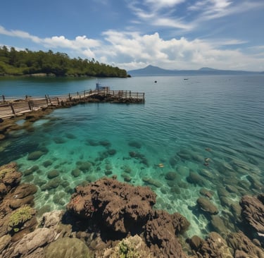 a pier with a dock and a boat in the water some where in north bali