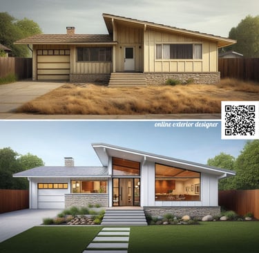 MCM house renovation, modernized house, timeless look, white siding, black windows, concrete pavers