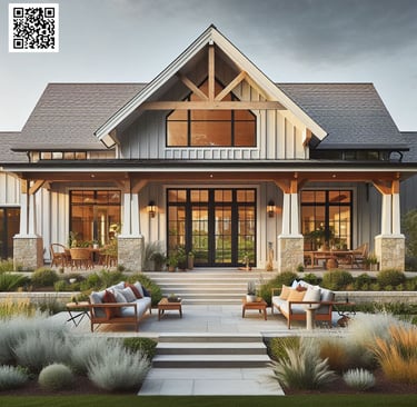 farmhouse backyard, patio, seating area, black french doors, wood beams, gable accent, stone, white