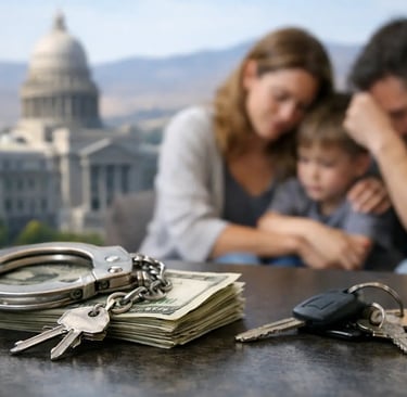 Handcuffs on cash and car keys symbolizing financial crime and its impact on a stressed family.