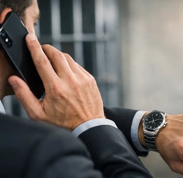Businessman in a suit talking on a smartphone while checking the time on his luxury wrist watch.