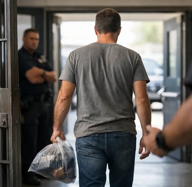 A man released from prison carrying his personal belongings in a clear plastic bag while walking past a guard.
