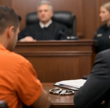 Defendant in orange jumpsuit sits with a criminal defense attorney in a courtroom before a judge.