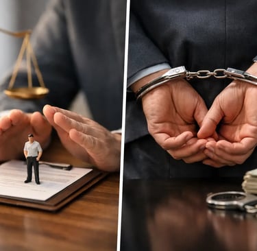 Criminal defense lawyer protecting a client from handcuffs and bribery charges in court.