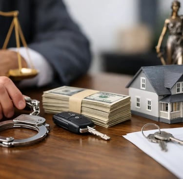 Lawyer desk with handcuffs, cash, house model, and car keys representing legal asset forfeiture.