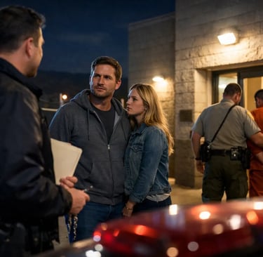 A worried couple talks to a police officer outside a jail while a prisoner is being escorted.