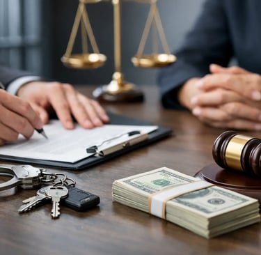 Criminal lawyer signing legal documents with handcuffs, cash, and a gavel on a wooden desk.