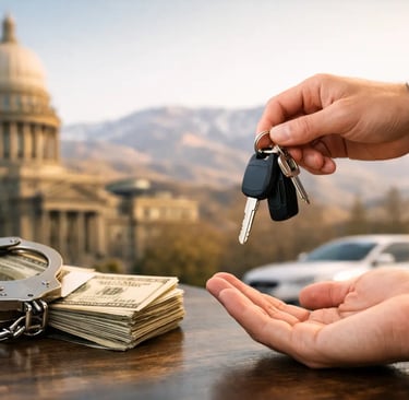 A person handing over car keys near a stack of cash and handcuffs, representing auto loan fraud or vehicle theft.