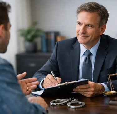 A criminal defense attorney in a suit discusses a case with a client in a law office with handcuffs on the desk.