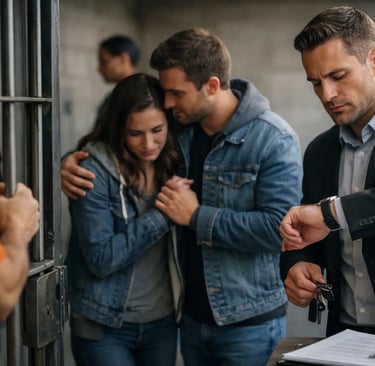 A bail bondsman checking his watch as a family visits an inmate at a jail cell.