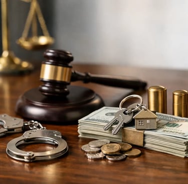 A judge's gavel, handcuffs, and a stack of money with house keys representing real estate law and financial crime.