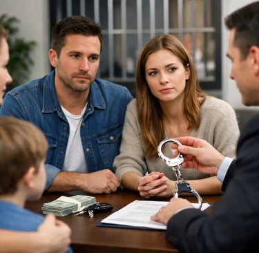 Concerned family meeting with a criminal defense lawyer holding handcuffs over legal documents.