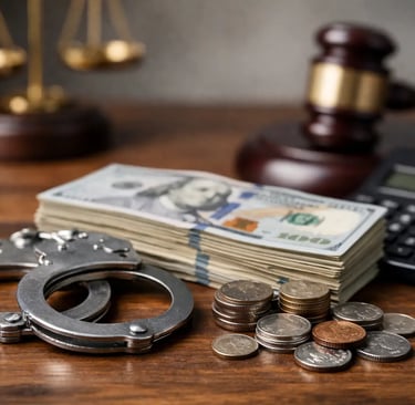 Handcuffs next to a stack of cash and a judge's gavel representing financial crime law.