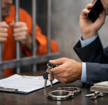 A defense attorney talks on a phone while meeting with an incarcerated client in jail behind bars.