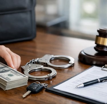 Hand touching a stack of cash next to handcuffs and a judge gavel, representing white collar crime and legal bribery.