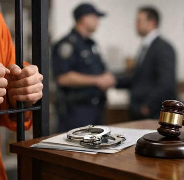 A prisoner in orange jumpsuit behind bars near a judge's gavel and handcuffs in a courtroom setting.