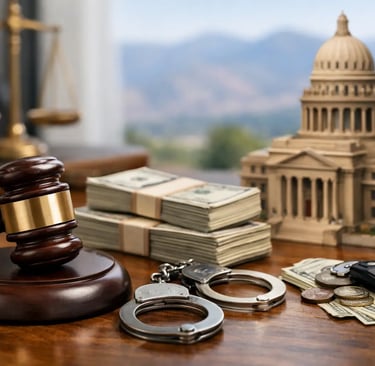 A wooden judge's gavel, handcuffs, and stacks of cash on a table with a government capitol building model.