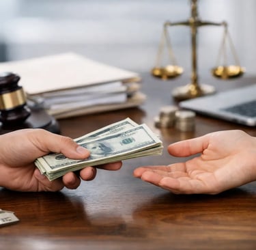 Hand passing cash stack to another person on a lawyer's desk with a judge's gavel and scales of justice.