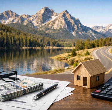 Miniature house with cash and calculator on a desk with a scenic mountain lake background.