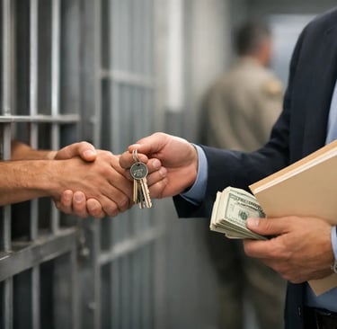 A criminal defense lawyer shaking hands with an inmate through prison bars while holding bail money and keys.