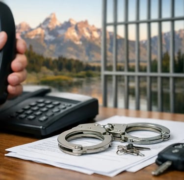 A hand holding a prison phone next to handcuffs and legal documents, with jail bars overlooking a mountain range.