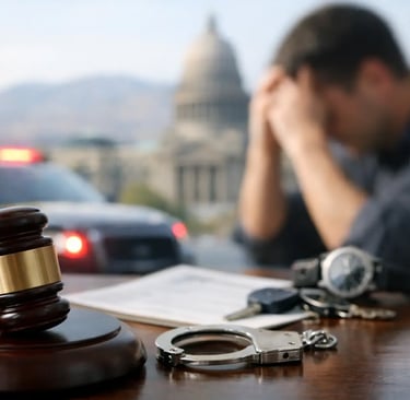 Judge gavel and handcuffs on a table with a stressed man and police car after a criminal arrest.