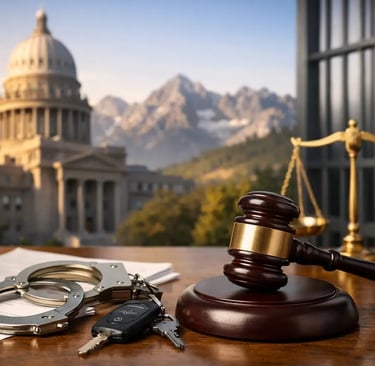 Judge's wooden gavel, handcuffs, and car keys on a desk with a legal capitol building background.