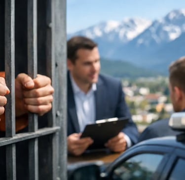 Criminal defense attorney meeting with an inmate behind bars outdoors near mountains.