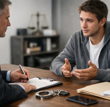 A young man in a gray hoodie talks with a criminal defense attorney in a law office with handcuffs on the desk.
