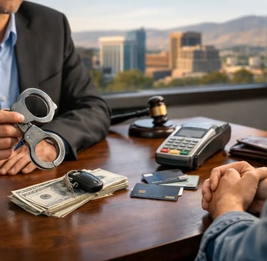 A bail bondsman holding handcuffs across a desk with money and credit cards.