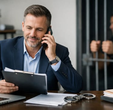A professional criminal defense attorney talks on the phone while his client sits behind jail bars.