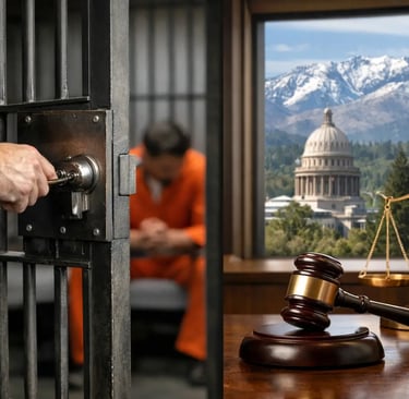 A judge's gavel and scales of justice set against a prison cell and a government capitol building dome.