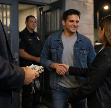 A smiling man shaking hands with a woman outside a police station while a bail bondsman holds cash and keys.
