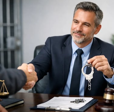 Criminal defense attorney in a suit shaking hands with a client while holding handcuffs in a law office.