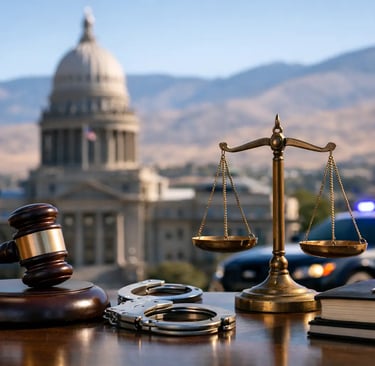 Judge's gavel and scales of justice with handcuffs and a police car in front of capitol building.