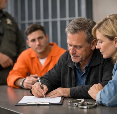 A defense lawyer signs legal documents for a client wearing an orange prison jumpsuit in a jail setting.