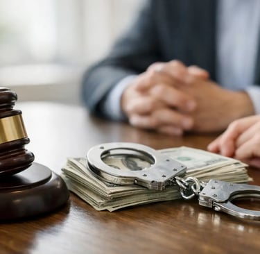 A wooden judge gavel sits near metal handcuffs and stacks of cash on a lawyer's desk.