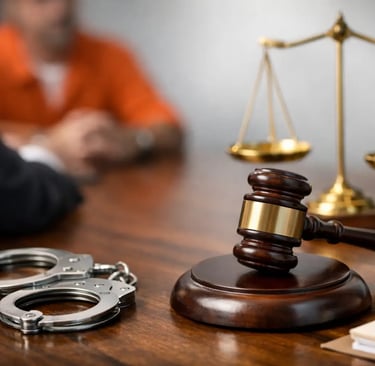 Judge's gavel and handcuffs on a courtroom desk with a defendant in an orange jumpsuit.