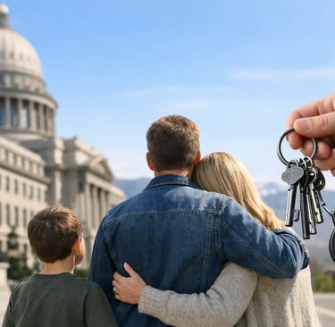 Family viewing the Idaho capitol building while a hand holds keys and handcuffs.