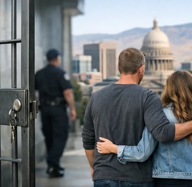 Couple leaving prison gate together towards city skyline after release with guard in background.