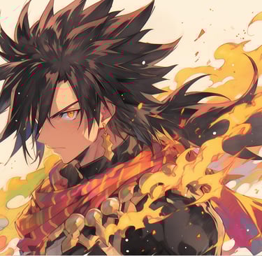 a young man with a sword and flames in the background