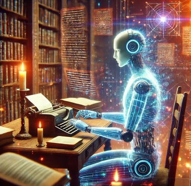 Un androide humanoide escribe en un escritorio antiguo, rodeado de hologramas con páginas flotantes,