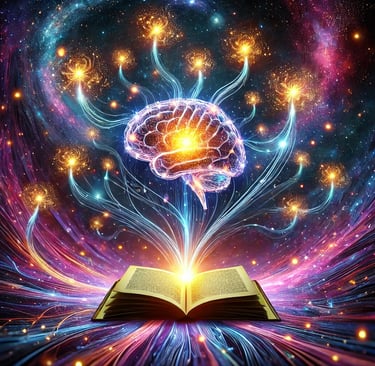 Una red neuronal luminosa flota en el espacio, conectada a libros suspendidos, simbolizando la