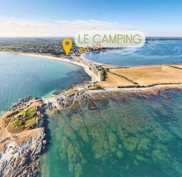Vue aérienne de la plage de Penvins et du camping La Grée Penvins, Sarzeau, Morbihan