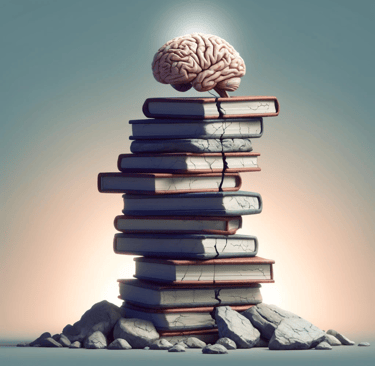 A brain atop a stack of books with cracks throughout demonstrating a weak knowledge foundation.