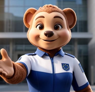 Mascotte institutionnelle 3D en uniforme bleu et blanc avec étoiles européennes, main tendue en gest