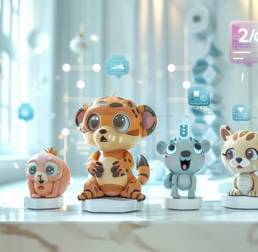 Gamme de mascottes d'entreprise professionnelles - animaux mignons sur socles avec indicateurs prix