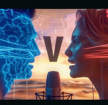 Comparaison visuelle entre IA vocale et voix humaine : illustration split-screen montrant d'un côté