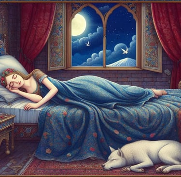a woman sleeping in a bed with a dog