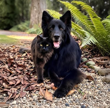 A long-haired black German Shepherd dog and a black cat sitting together in a garden with ferns and autumn leaves.